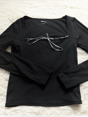 Hollister Black Long Sleeve Square Neck Top with Tie Detail and Lace